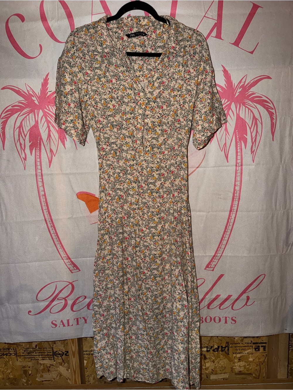 Zara Cream Floral Midi Dress with Pink & Yellow Blossoms
